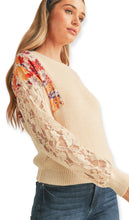 Load image into Gallery viewer, Floral Ribbed Mock Neck Sweater With Lace- Ivory
