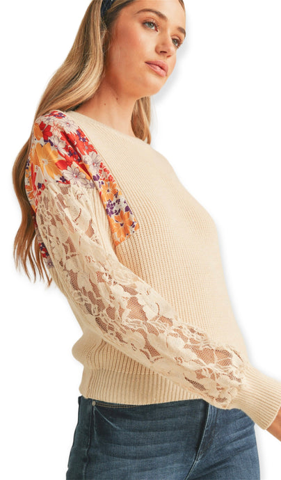 Floral Ribbed Mock Neck Sweater With Lace- Ivory