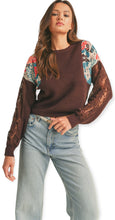 Load image into Gallery viewer, Floral Ribbed Mock Neck Sweater With Lace- Brown
