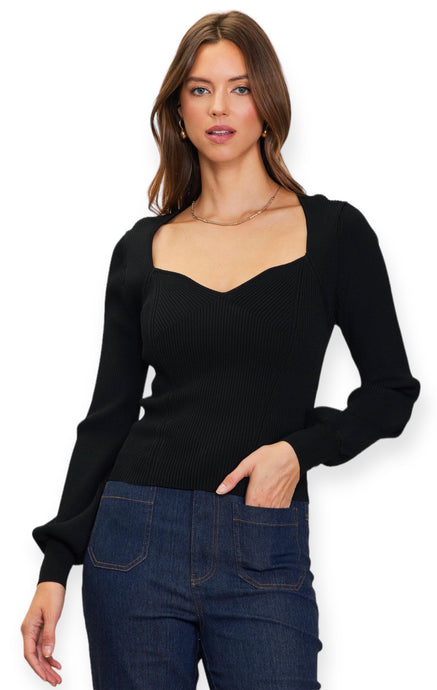 Madison's Sweetheart Neckline Sweater Top- Black