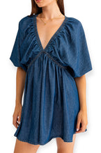 Load image into Gallery viewer, Denim Blue Empire Waist Bubble Sleeve Dress
