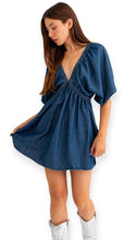Load image into Gallery viewer, Denim Blue Empire Waist Bubble Sleeve Dress
