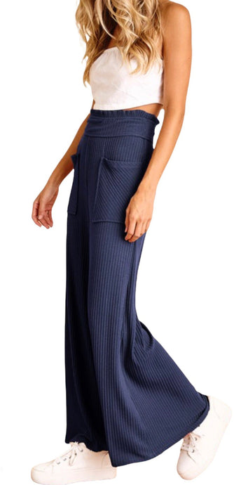 Navy  Ribbed High Waisted Flare Bottoms