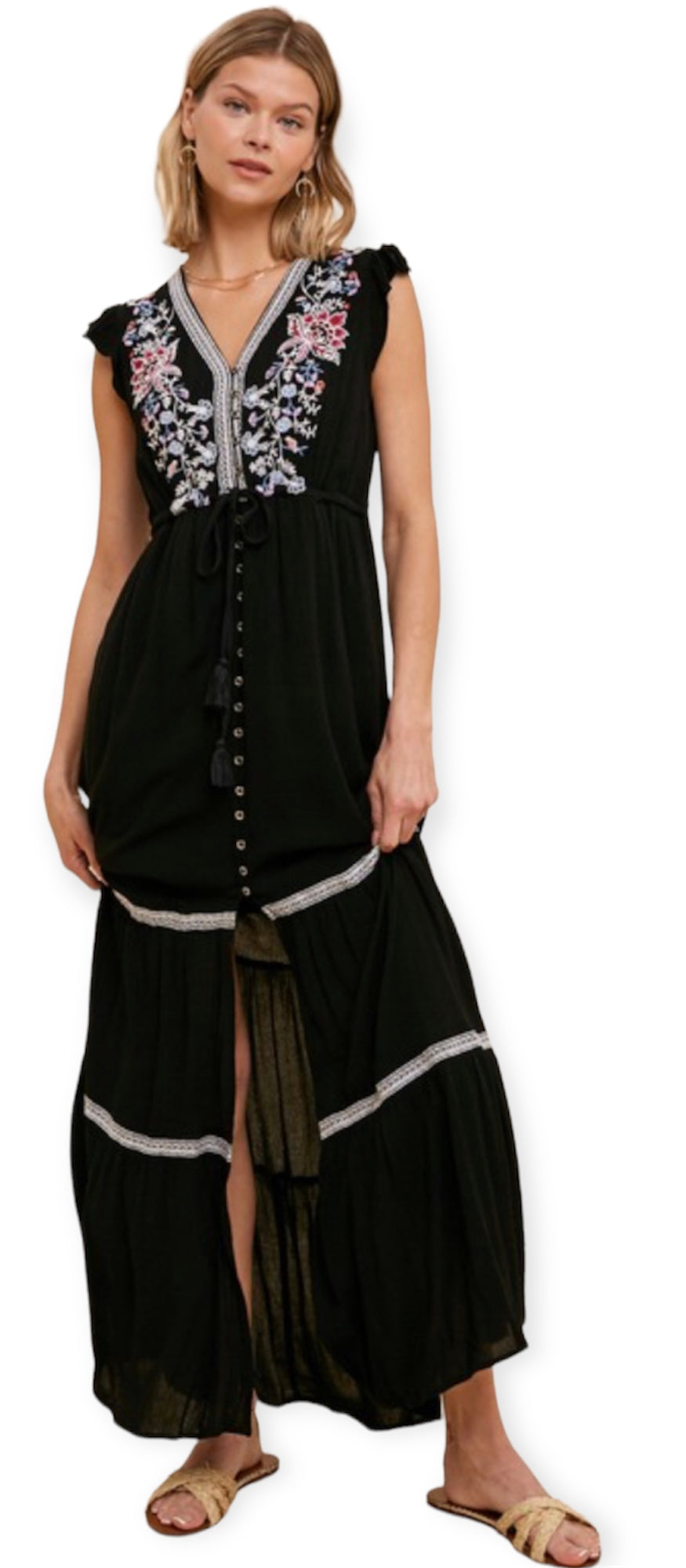 Bohemian Embroidered Maxi Dress- Black