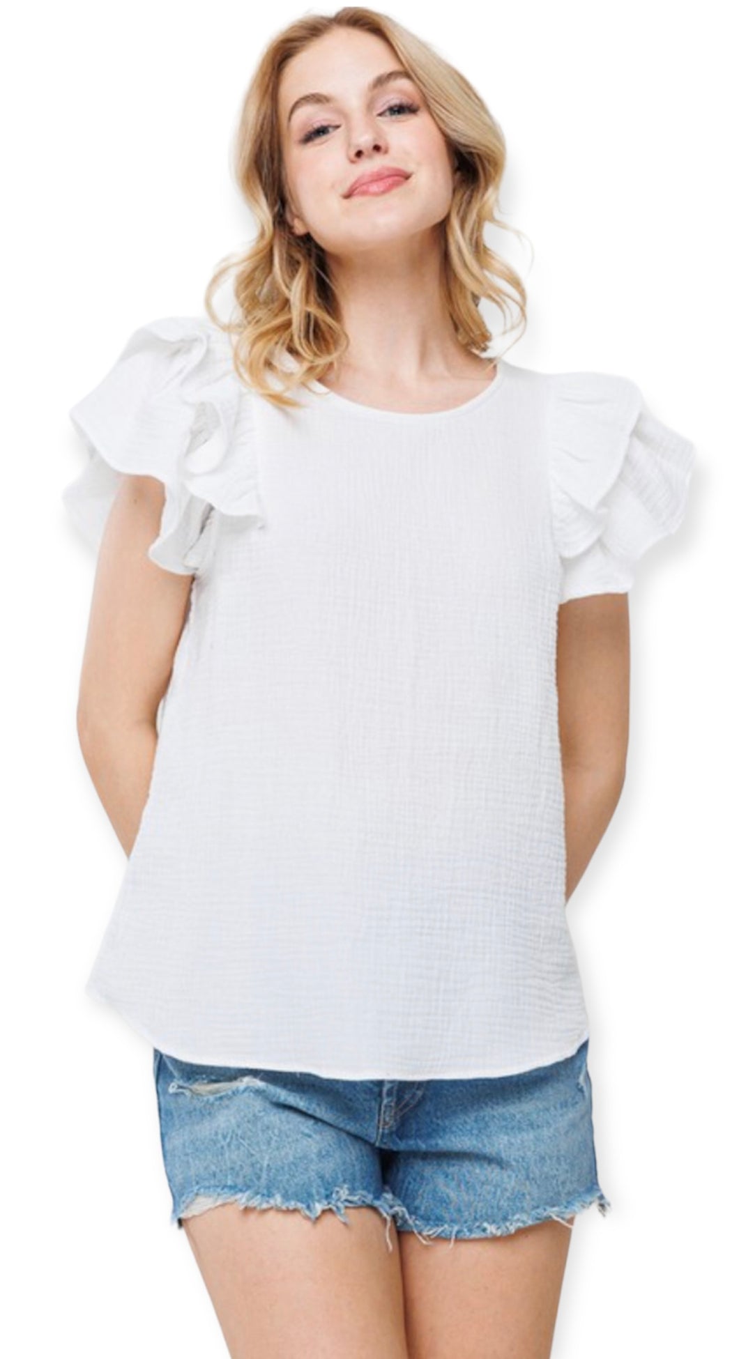 Dahlia's Ruffled Short Sleeve Blouse- Ivory