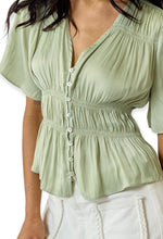 Load image into Gallery viewer, Lyra Sage Satin Button-Down Blouse
