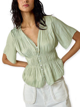 Load image into Gallery viewer, Lyra Sage Satin Button-Down Blouse
