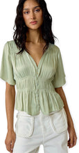 Load image into Gallery viewer, Lyra Sage Satin Button-Down Blouse
