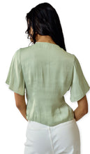 Load image into Gallery viewer, Lyra Sage Satin Button-Down Blouse
