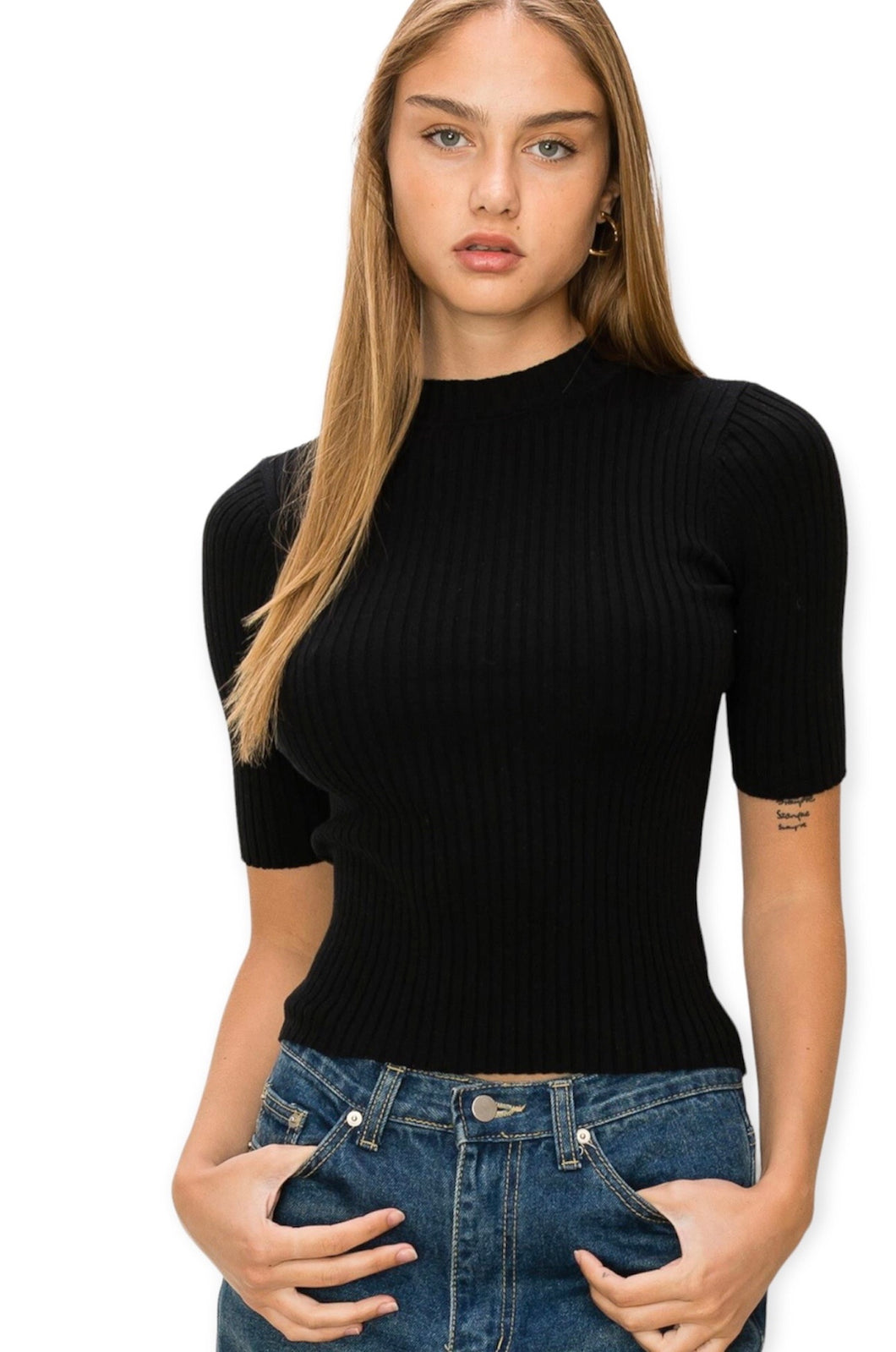 Aurelia Mock-Neck Ribbed Sweater Top- Black