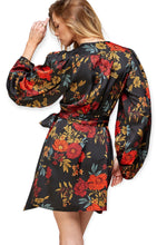 Load image into Gallery viewer, April&#39;s Black Floral Satin Wrap Dress

