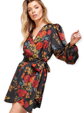 Load image into Gallery viewer, April&#39;s Black Floral Satin Wrap Dress
