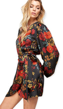 Load image into Gallery viewer, April&#39;s Black Floral Satin Wrap Dress
