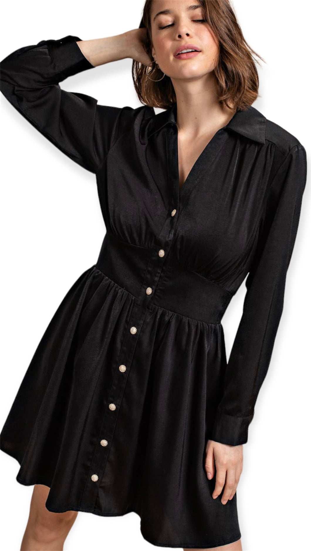 Ruby”s Satin Dress With Jeweled Buttons- Black