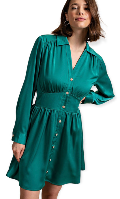 Ruby”s Satin Dress With Jeweled Buttons- Jade