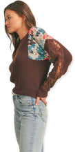 Load image into Gallery viewer, Floral Ribbed Mock Neck Sweater With Lace- Brown
