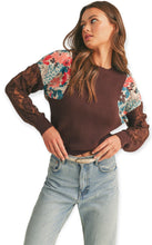 Load image into Gallery viewer, Floral Ribbed Mock Neck Sweater With Lace- Brown
