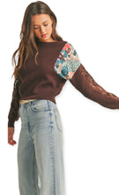 Load image into Gallery viewer, Floral Ribbed Mock Neck Sweater With Lace- Brown
