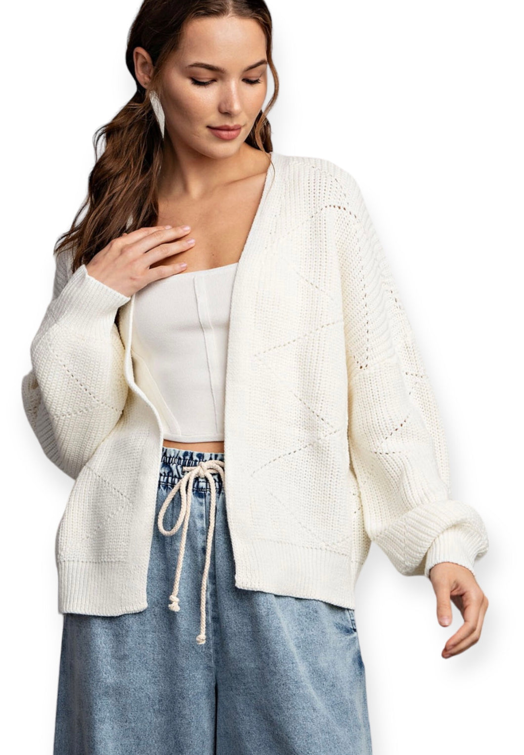 Ribbed Knit Balloon Sleeve Cardigan