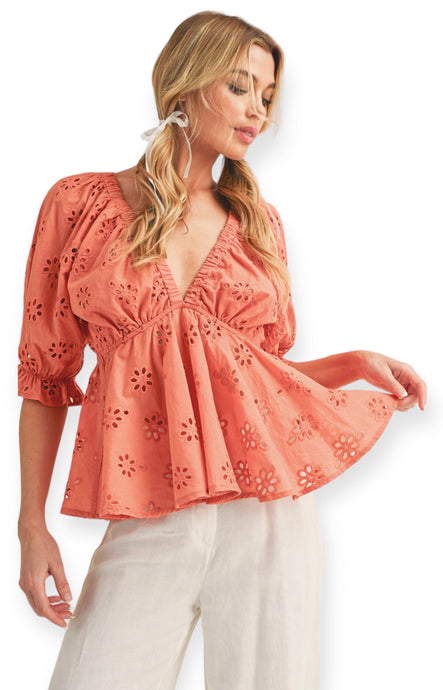 Jade Eyelet Embroidered Top- Coral
