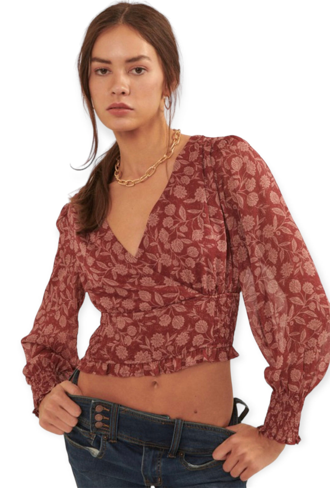 Floral Surplice Neck Long Sleeve Woven Blouse