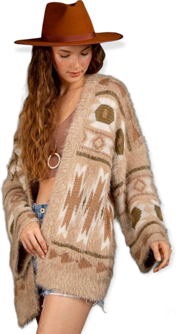 Cozy soft Aztec Print Cardigan- Mocha