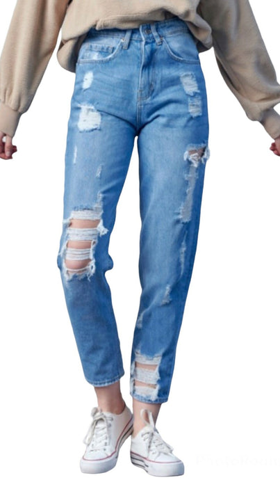 Distressed High Waste Mom Jeans