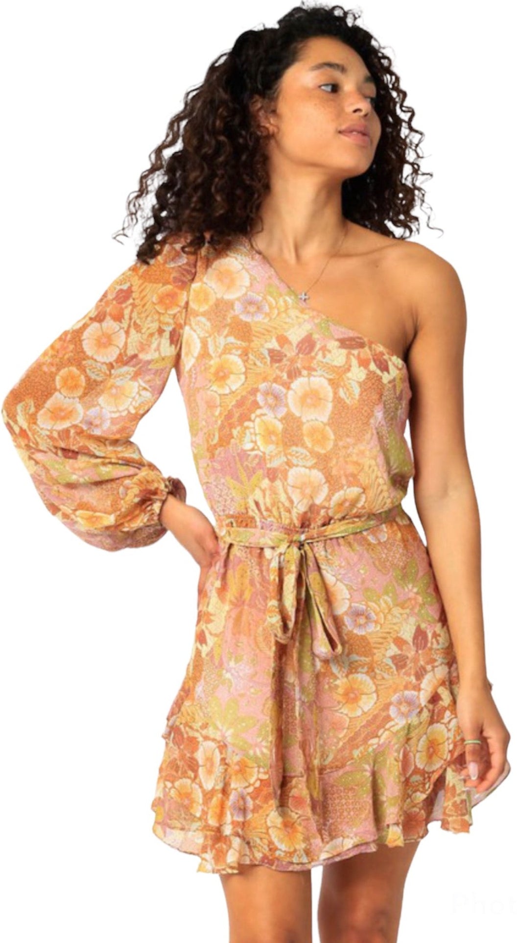 Romance Floral Print  One-Shoulder Ruffled Mini Dress- Burnt Orange