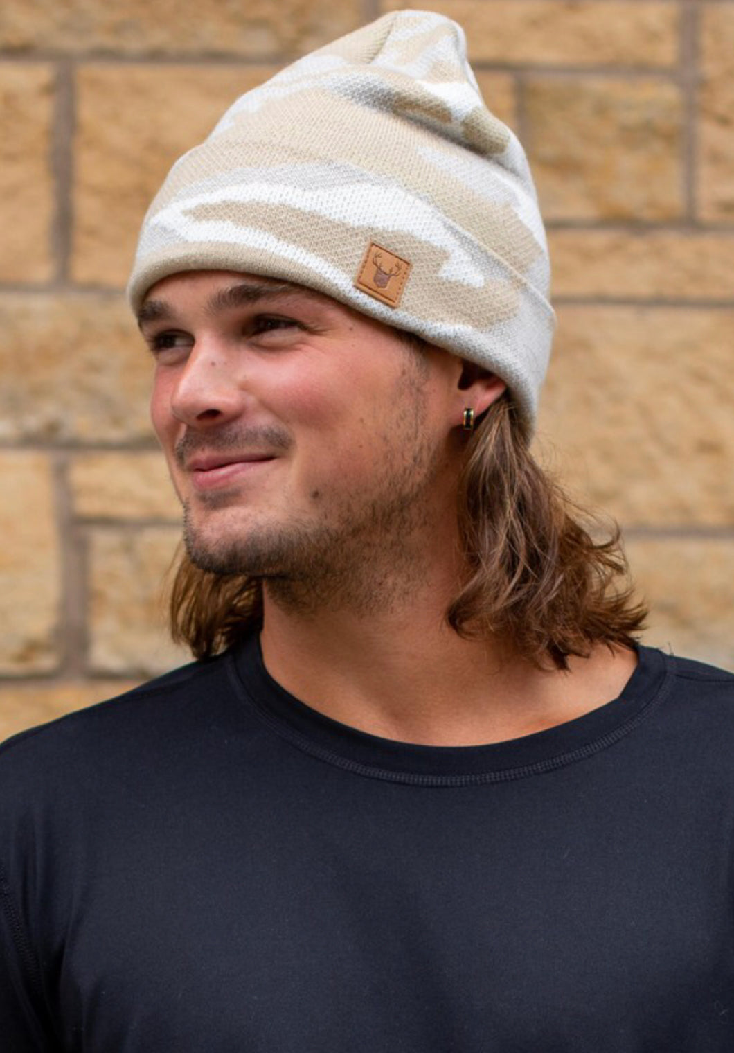 Tan Camo Knit Beanie With Cuff