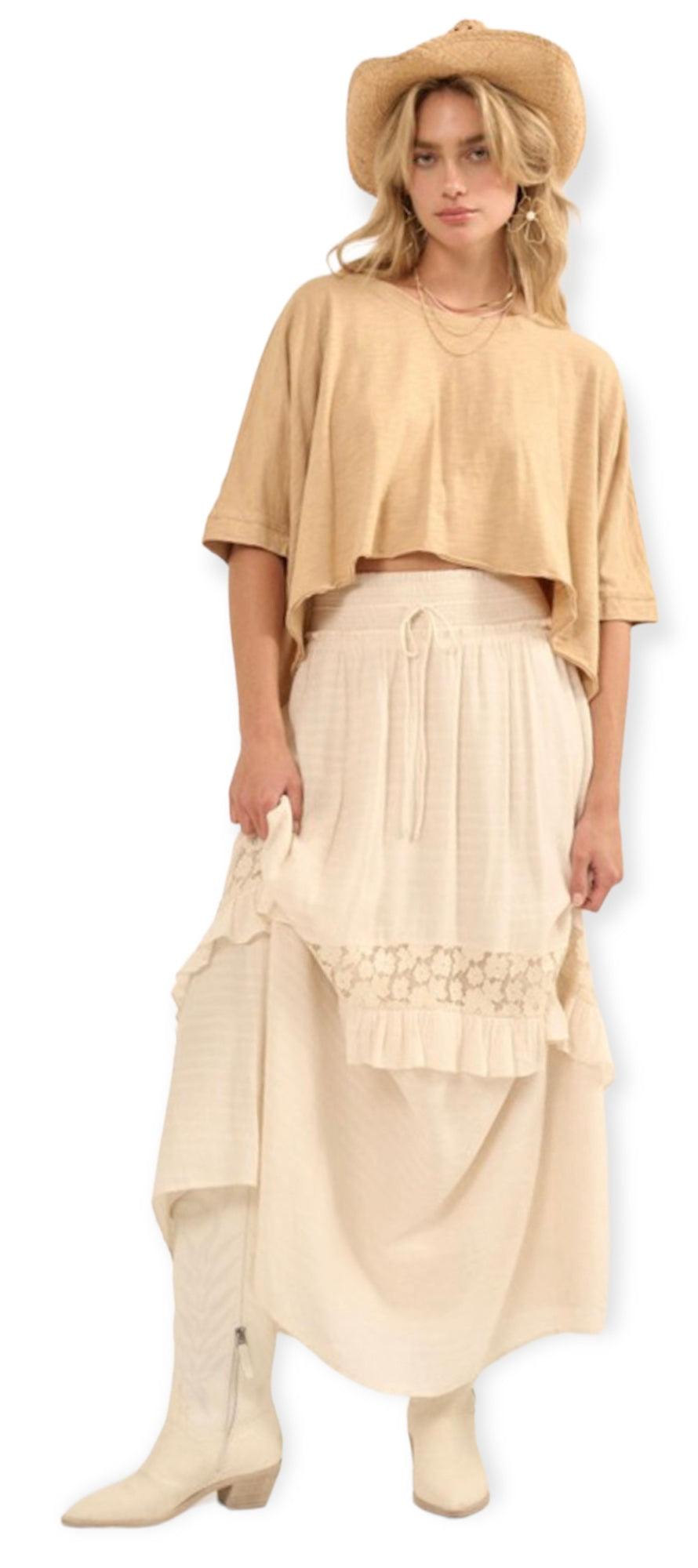 Solid Smock Elastic Waist Floral Lace Maxi Skirt