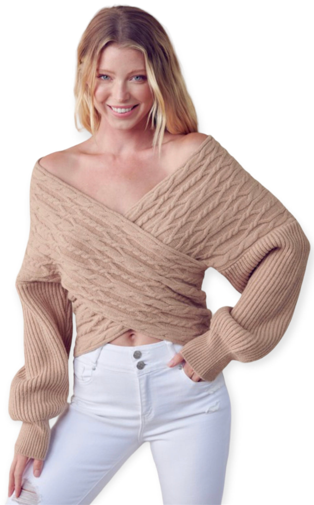 Olivia’s Crossover Knit Sweater- Taupe