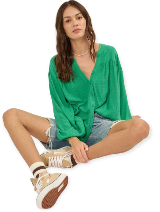 Solid Button Front Yoke Front Long Sleeve Shirt- Kelly Green