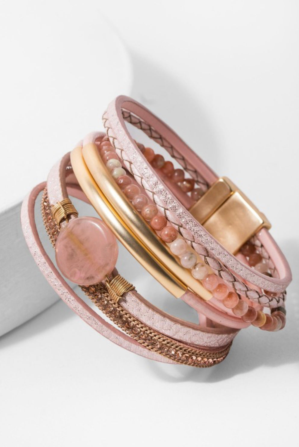 Pink Beaded Vegan Leather Bracelet