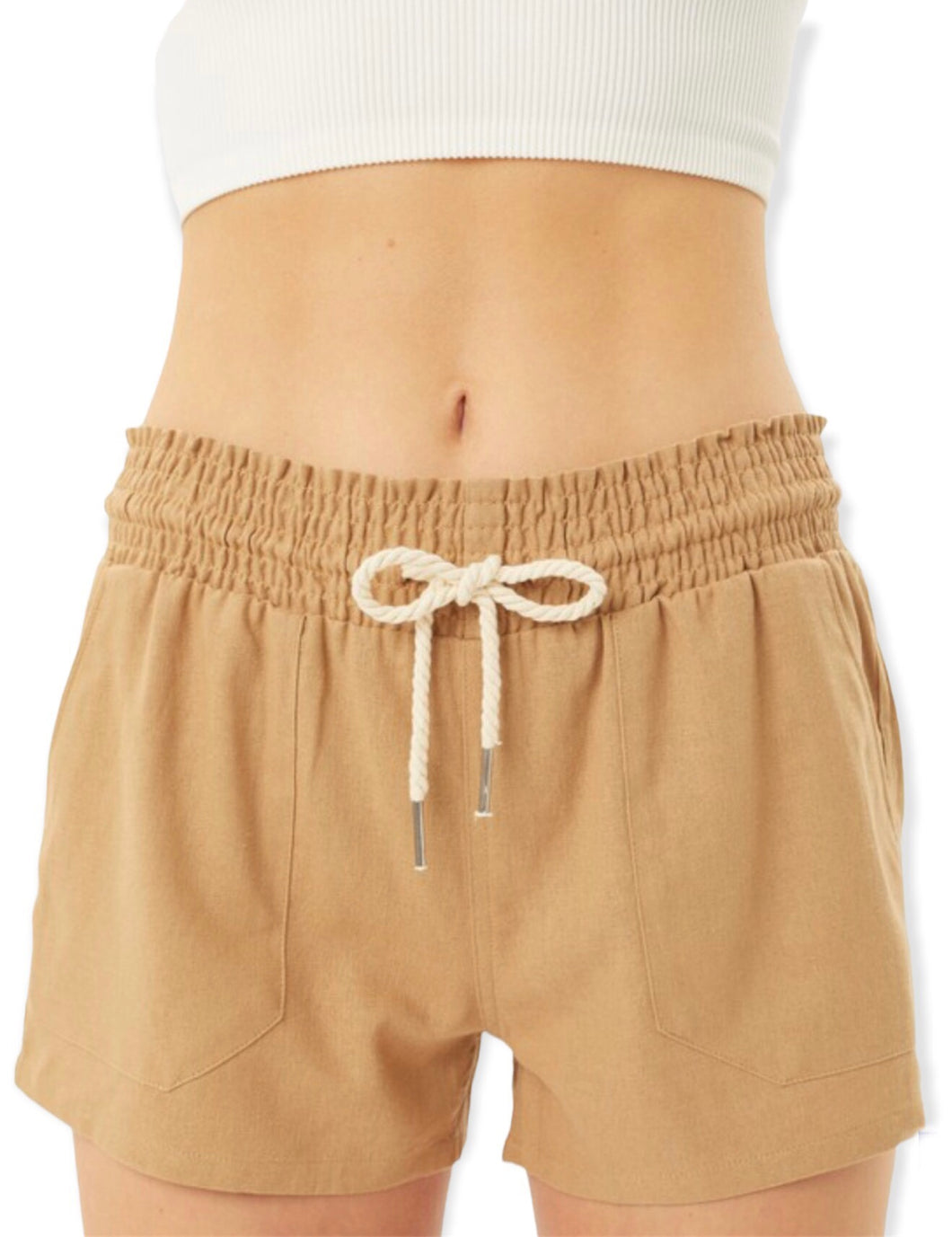 Solid Smocked Waist Shorts- Camel