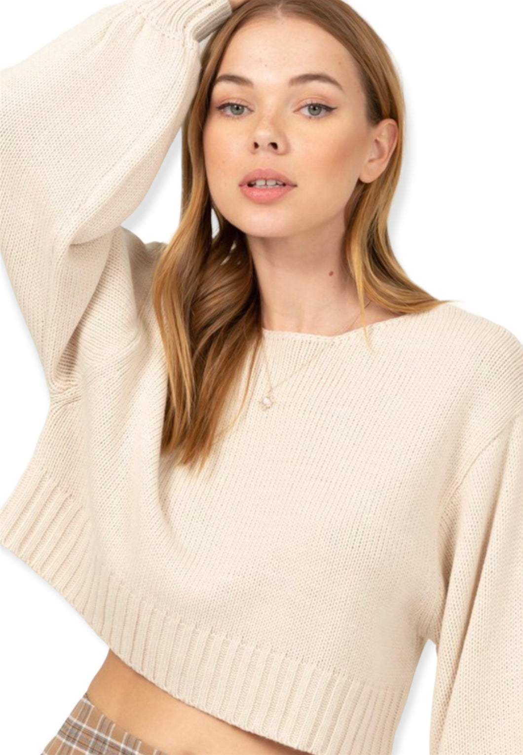 All To Myself Long Puff- Sleeve Cropped Sweater- Beige