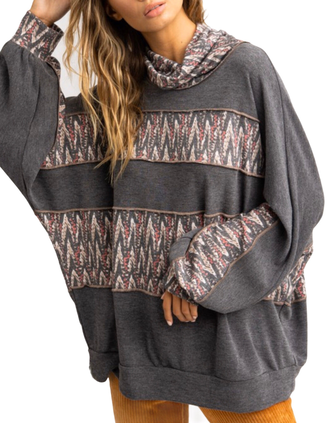 Oversized Gray/Color Block Ladies Cowl Neck Sweater