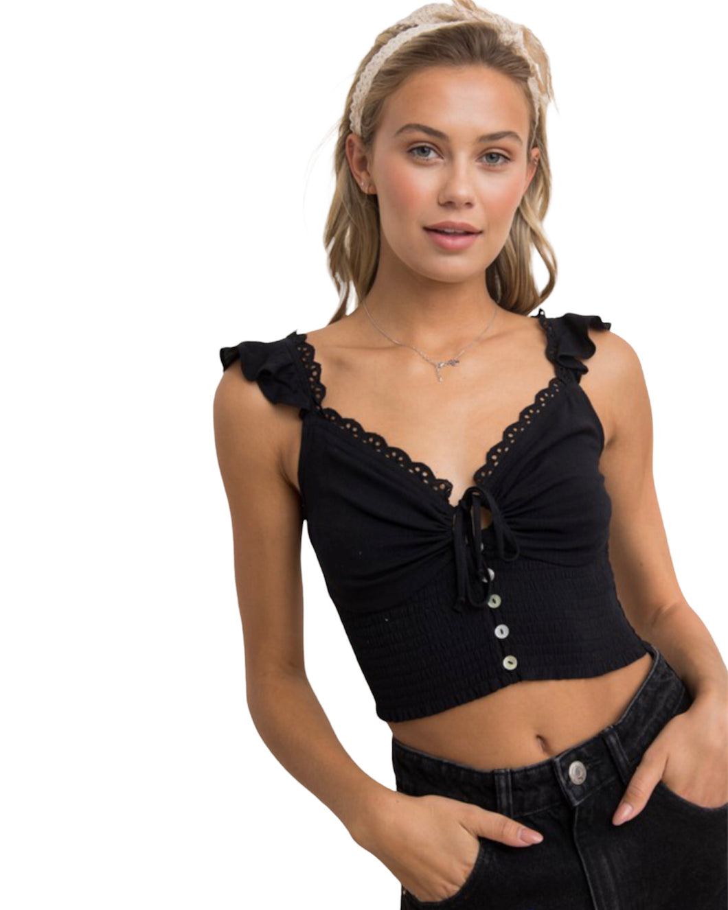 Stacy’s Eyelet Lace Smocking Top- Black