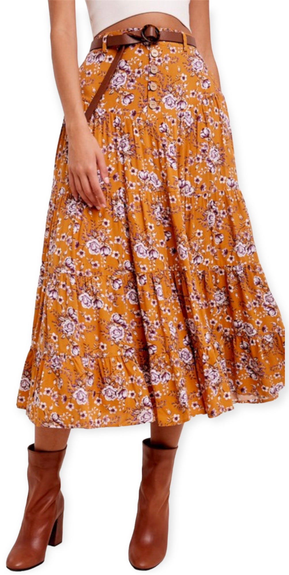 Floral Printed Button Down Waist Tiered Maxi Skirt