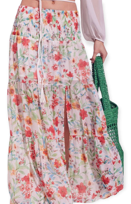 Smocked Waist Tiered Floral Chiffon Maxi Skirt 