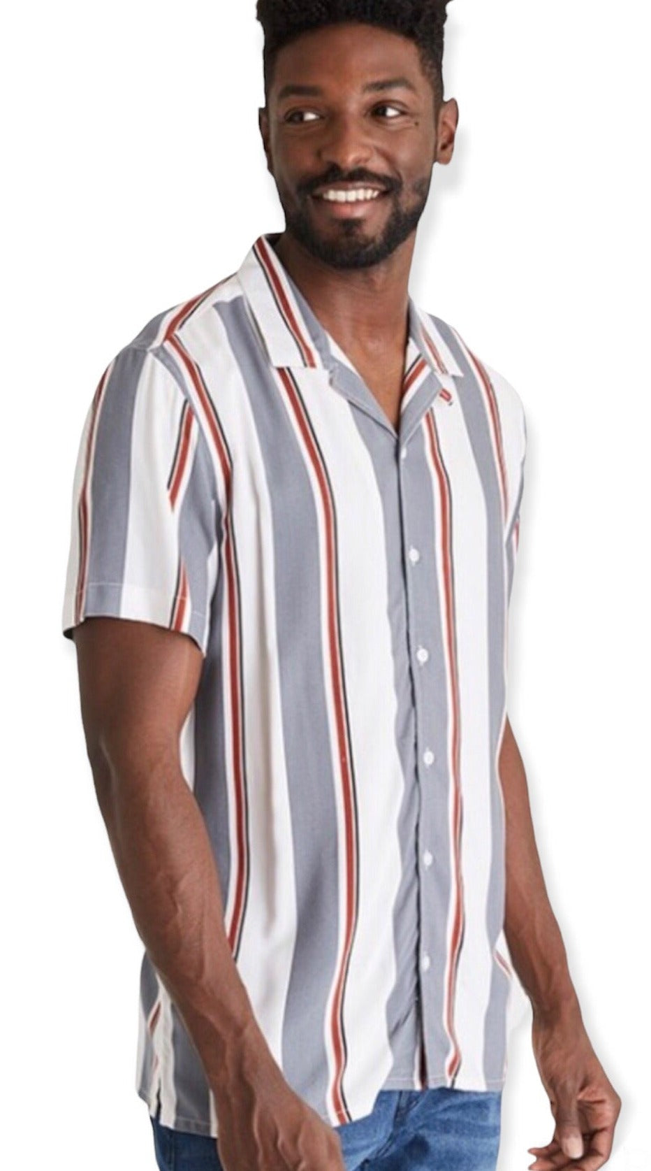 Men’s Striped Short Sleeve Button-Up Camp Shirt