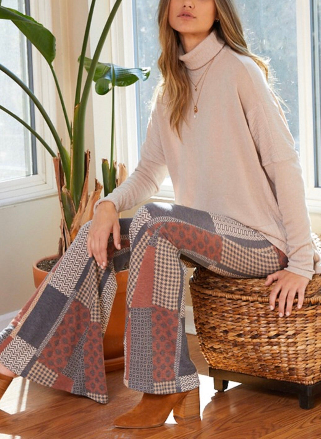 Stripe Textured Turtle Neck Top - Taupe
