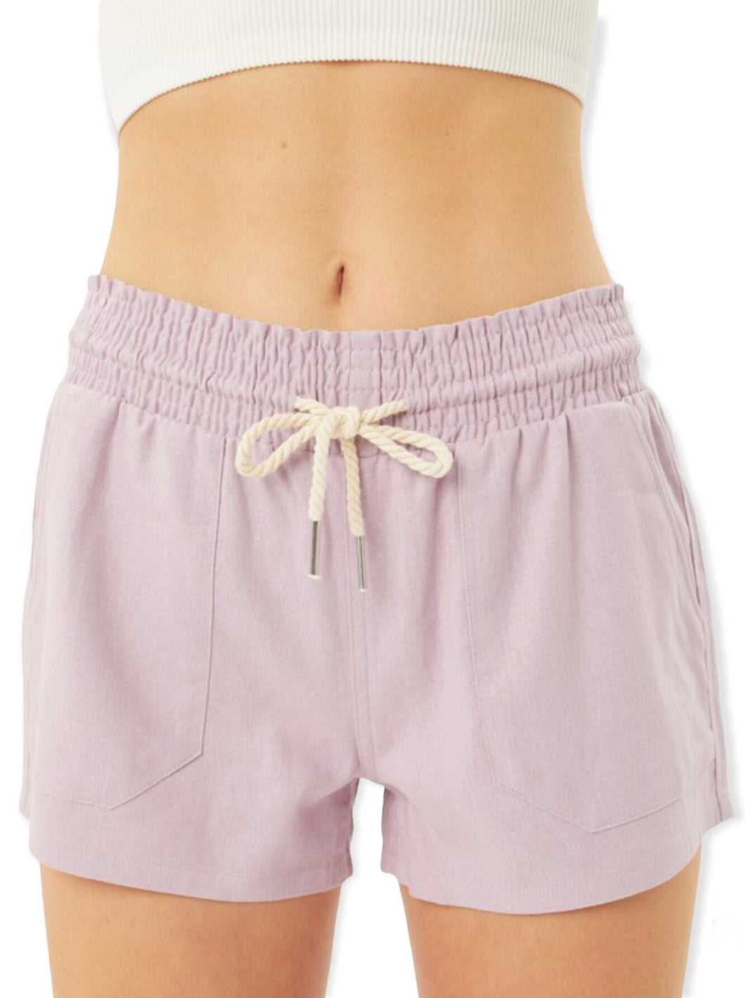 Solid Smocked Waist Shorts- Lilac