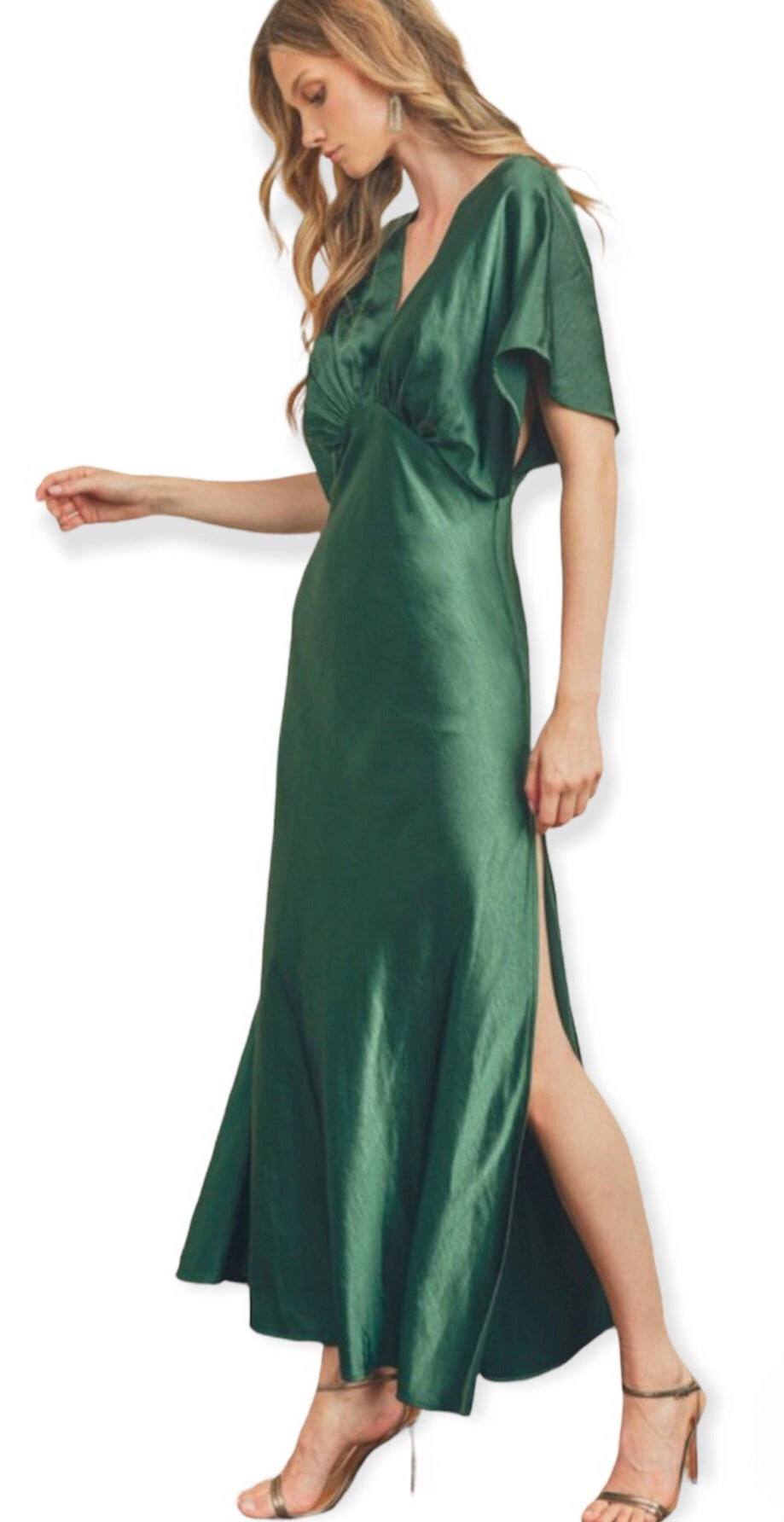 Classic Elegant Dark Emerald Satin Maxi Dress