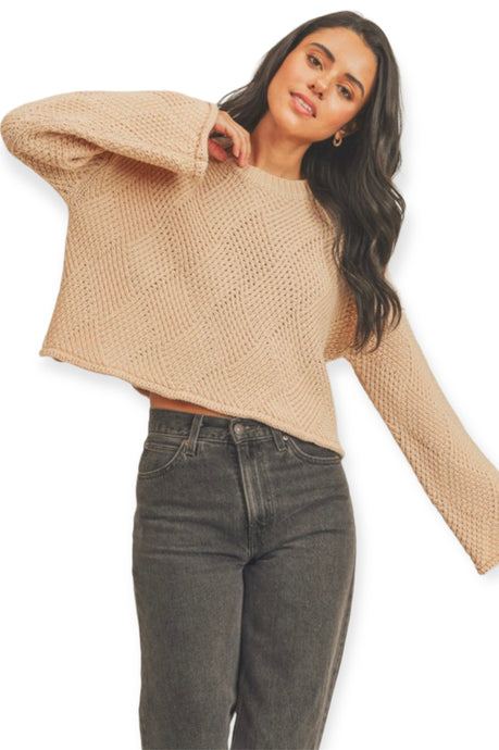 Taupe Knit Sweater With Flare Sleeves