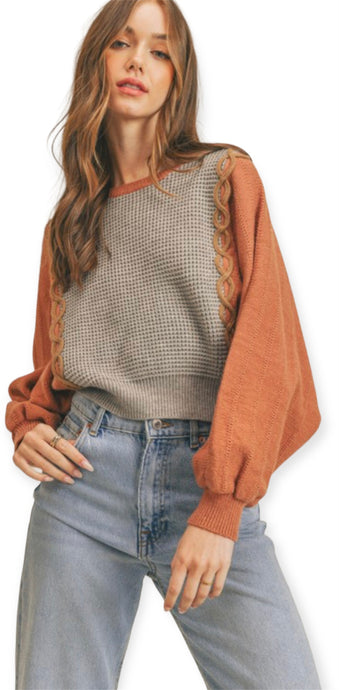 Mixed Knit Batwing Sweater- Copper