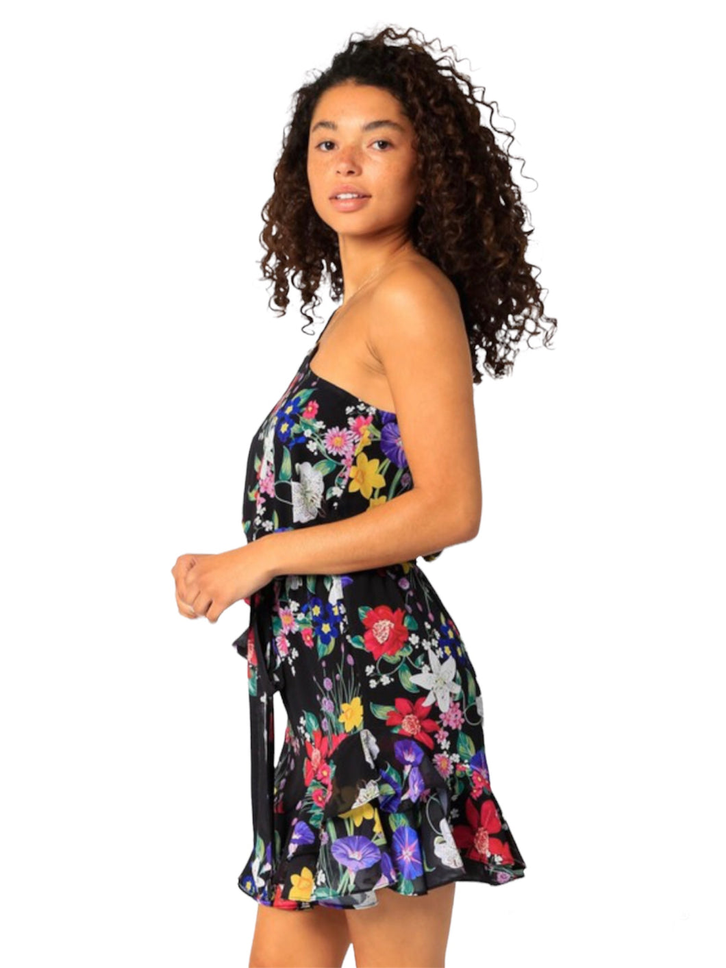 Romance Floral Print One-Shoulder Ruffled Mini Dress