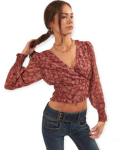 Load image into Gallery viewer, Floral Surplice Neck Long Sleeve Woven Blouse

