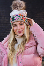 Load image into Gallery viewer, Tan Camo w/ Floral Pattern Cuff Pom Beanie
