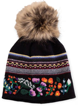 Load image into Gallery viewer, Black Patterned w/ Floral Pattern Cuff Pom Beanie

