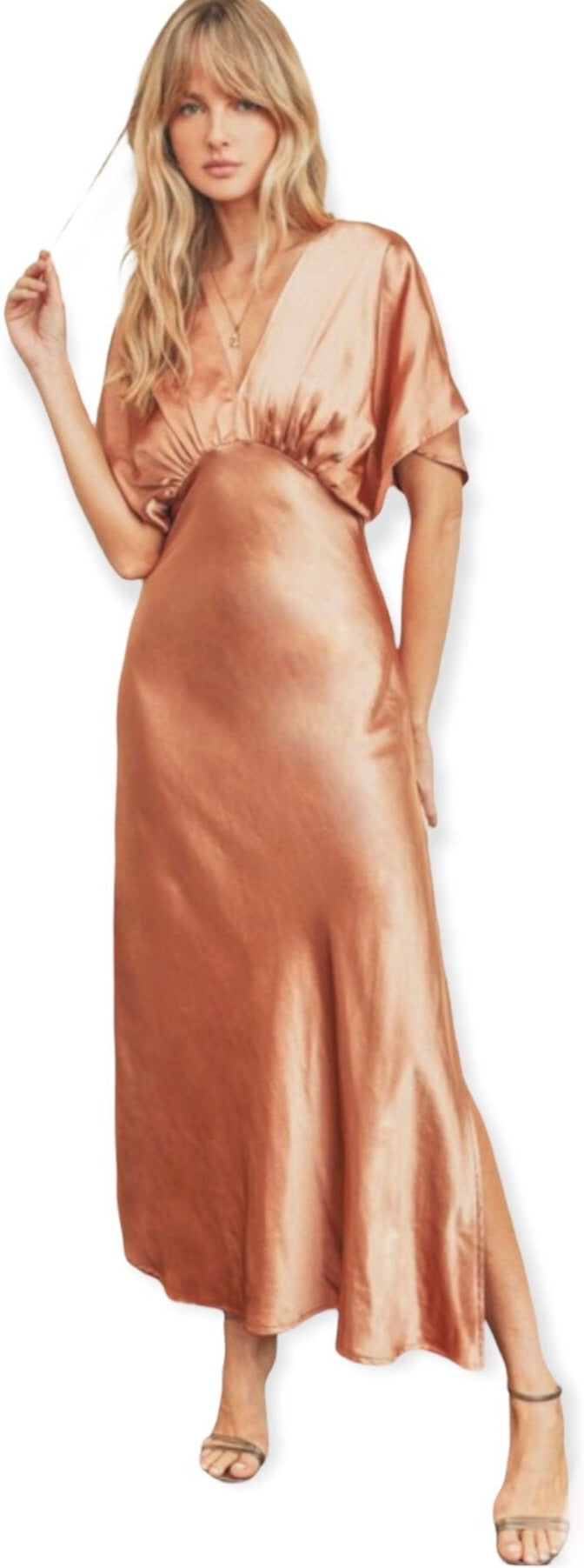 Classic Elegant Rose Gold Satin Maxi Dress